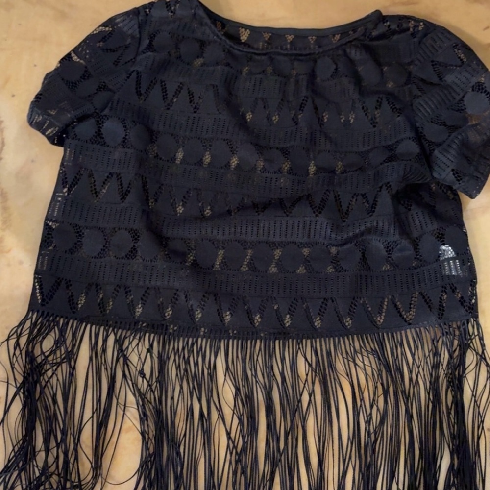 SHEIN Black Lace Crochet Fringe Crop Top